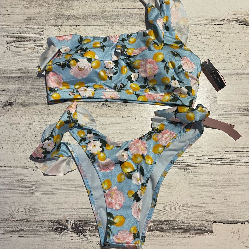 VS VICTORIAS SECRET SWIM SWIMSUIT BIKINI ONE SHOULDER LEMON WHITE BLUE YELLOW